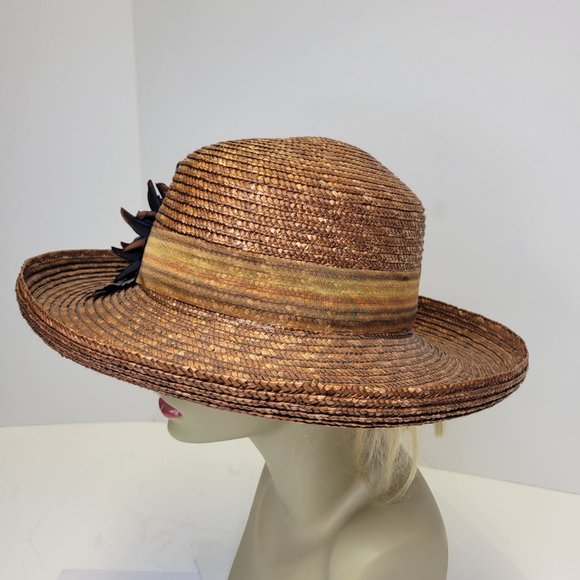 Brown Wide Brim Hat Light Braided Hat With Large Blue Flower Accent NEW